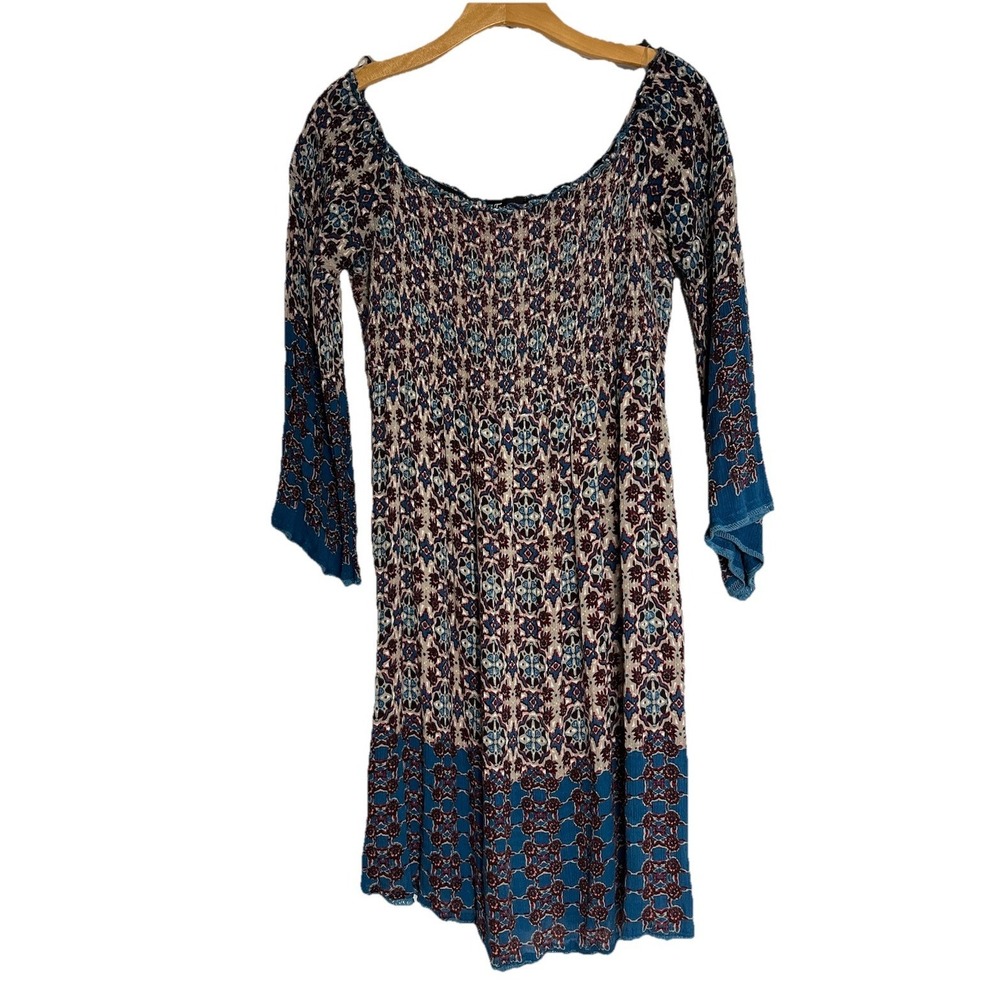 Frazzle size L Dress knee Smocked Crinkle Bell Sleeve Milkmaid Boho Cottagecore